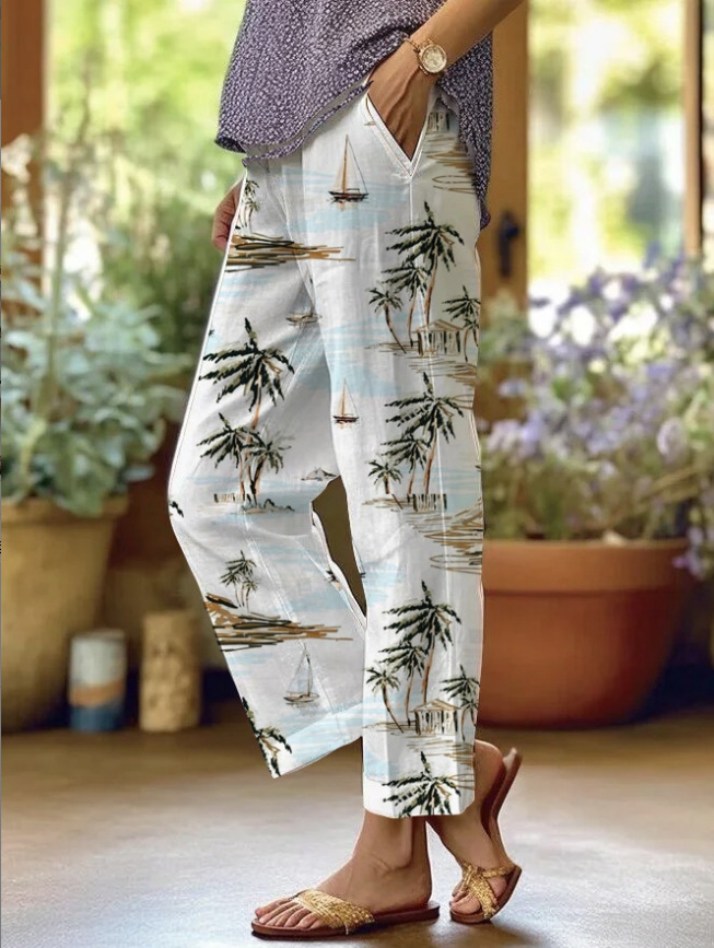 Bohemian Floral Print Straight-Leg Pants