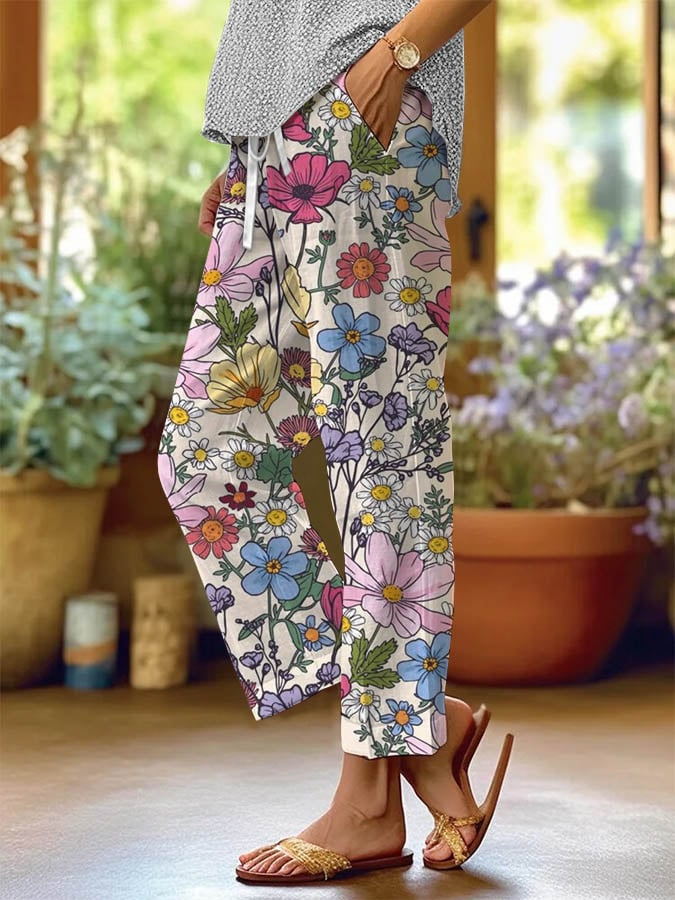 Bohemian Floral Print Straight-Leg Pants