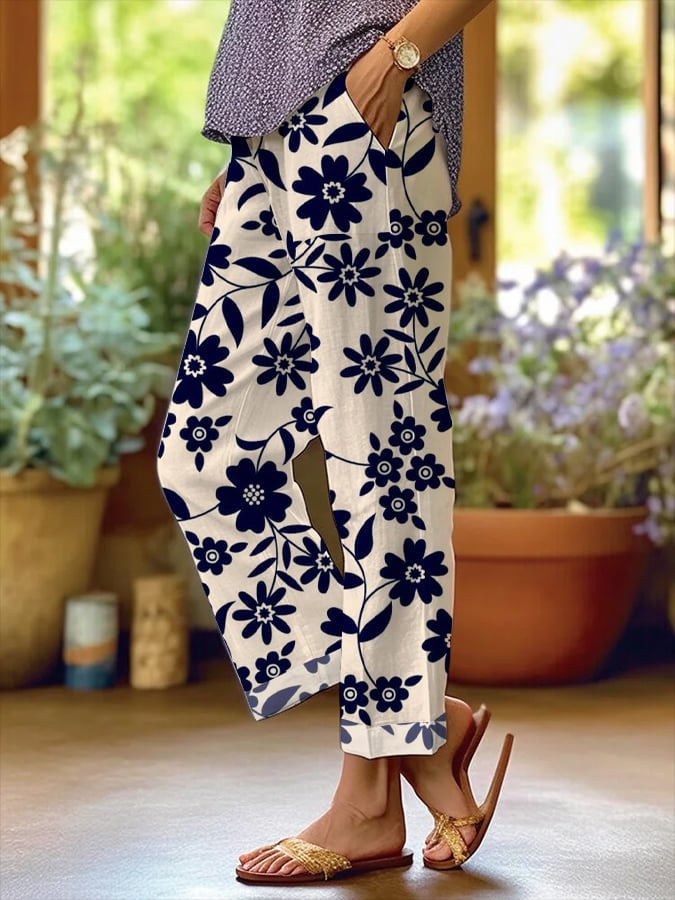 Bohemian Floral Print Straight-Leg Pants
