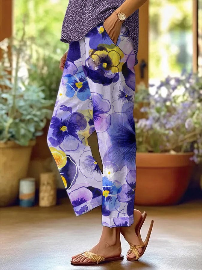 Bohemian Floral Print Straight-Leg Pants