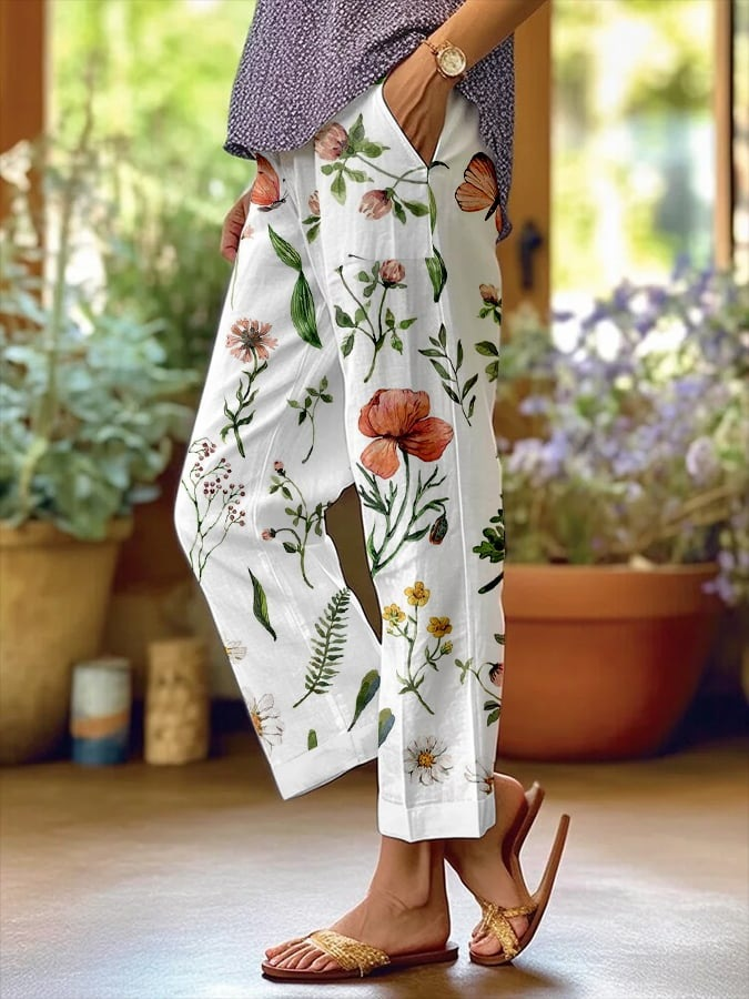 Bohemian Floral Print Straight-Leg Pants