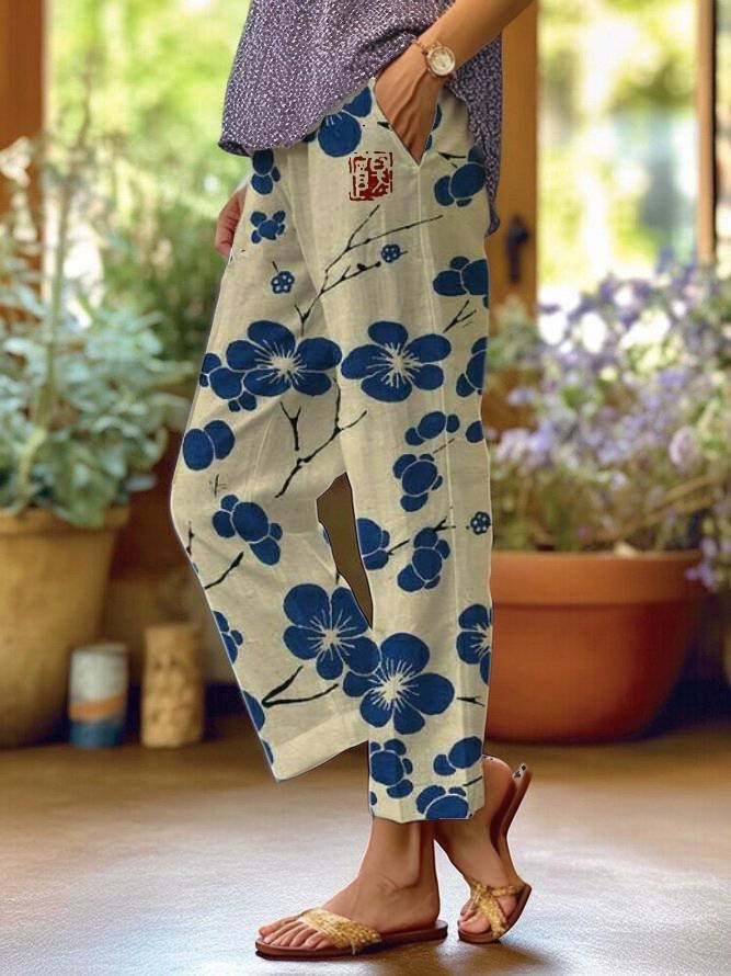 Bohemian Floral Print Straight-Leg Pants