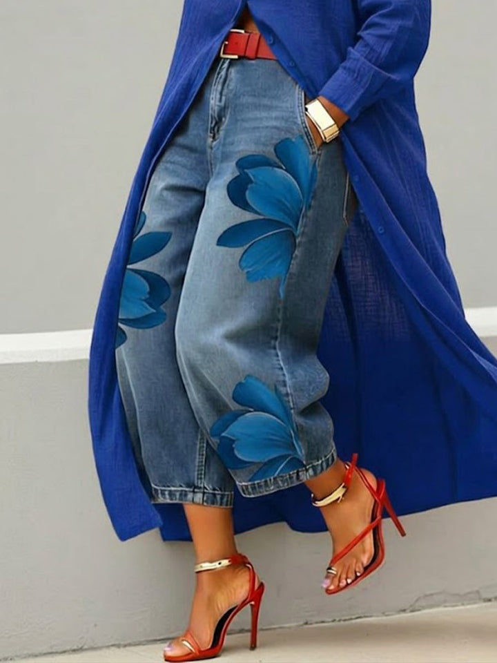Cropped Wide-Leg Floral Print Jeans