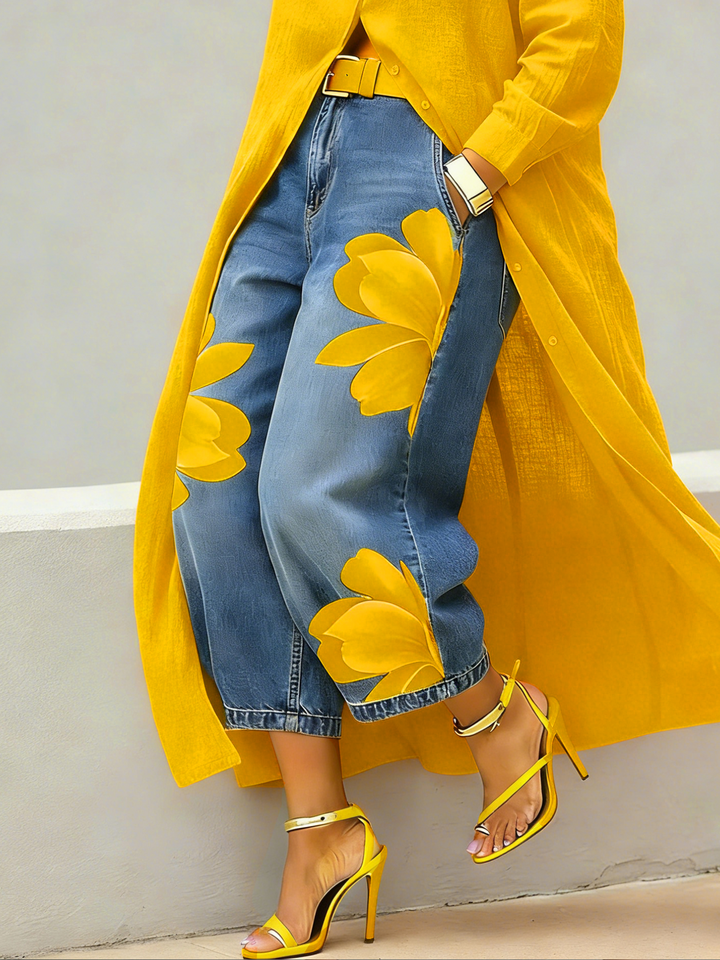 Cropped Wide-Leg Floral Print Jeans