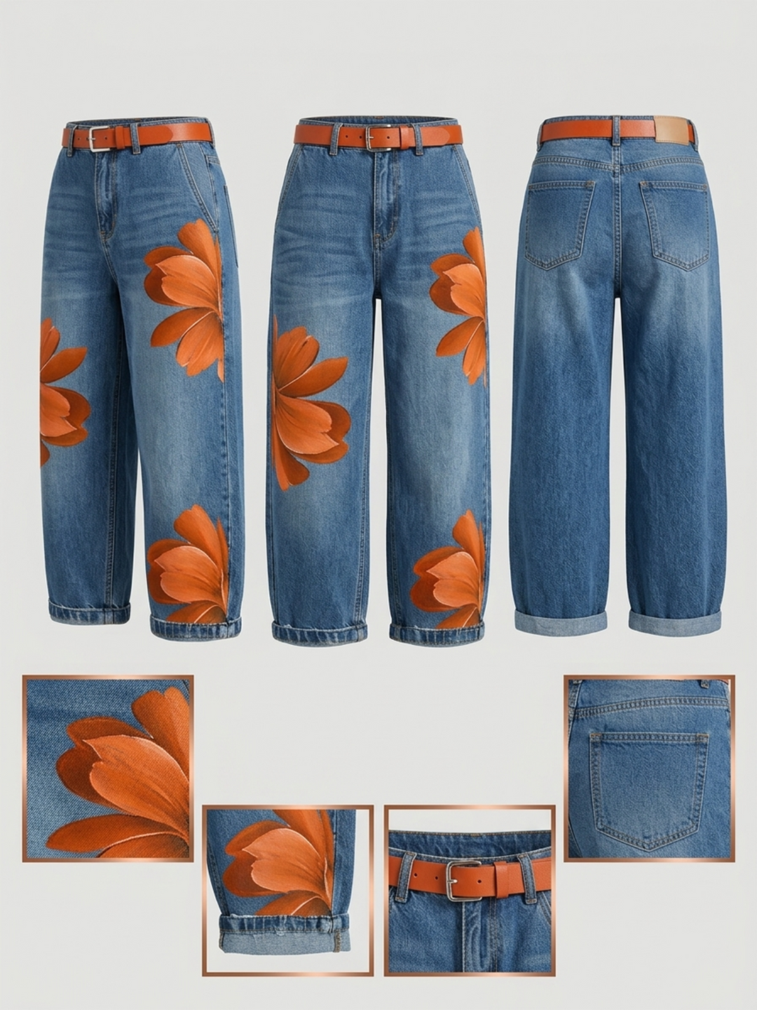 Cropped Wide-Leg Floral Print Jeans