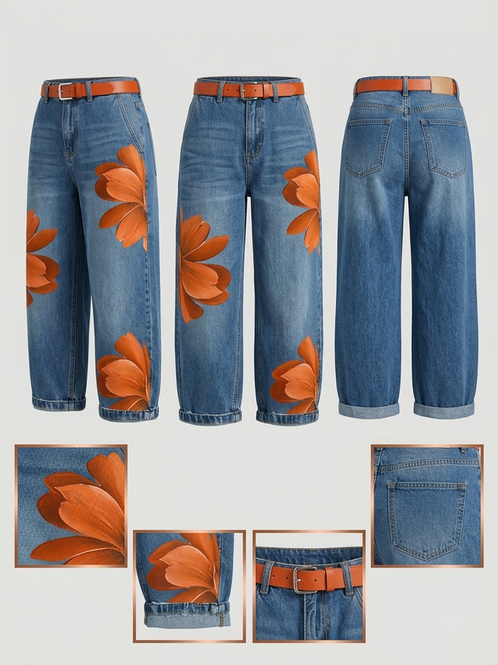 Cropped Wide-Leg Floral Print Jeans