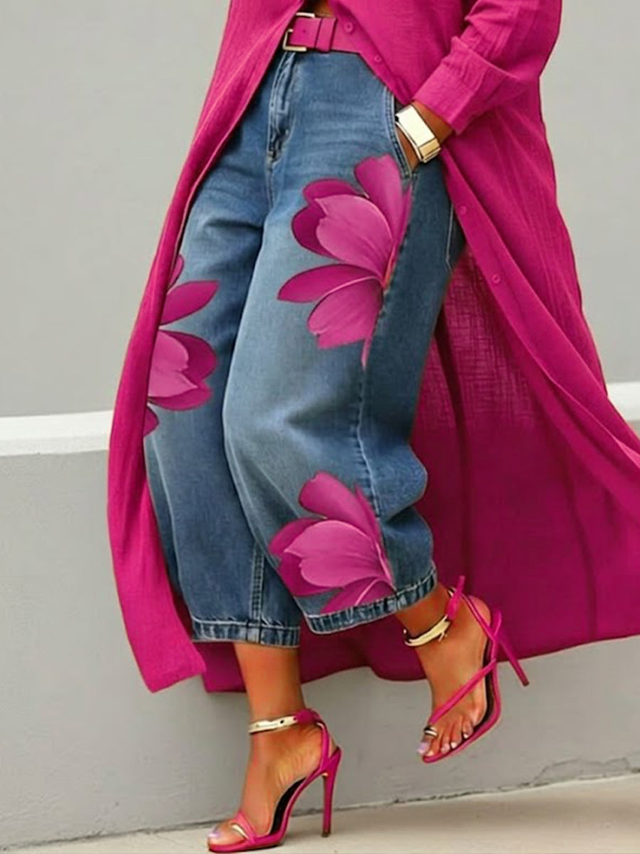 Cropped Wide-Leg Floral Print Jeans