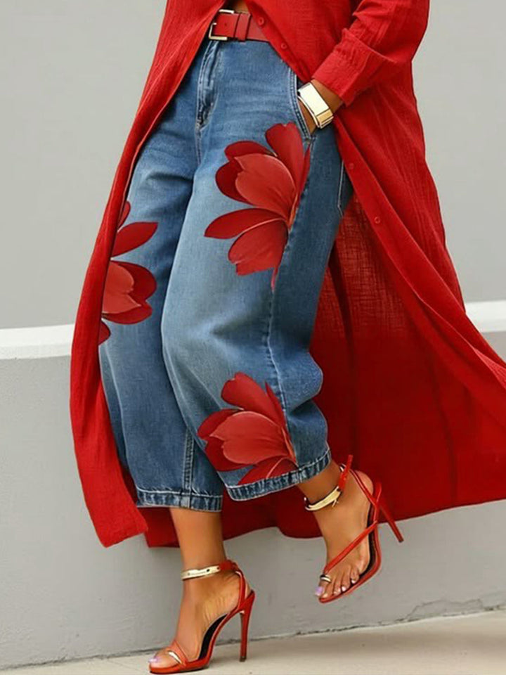 Cropped Wide-Leg Floral Print Jeans