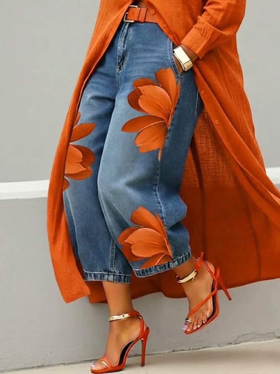 Cropped Wide-Leg Floral Print Jeans